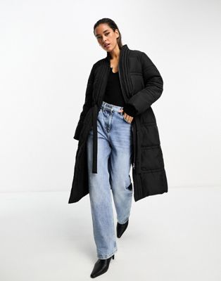 French Connection tie waist long puffer coat in black - ASOS Price Checker
