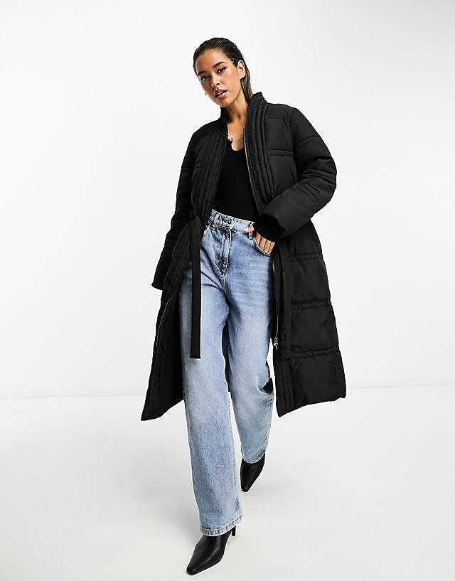 French Connection - tie waist long puffer coat in black