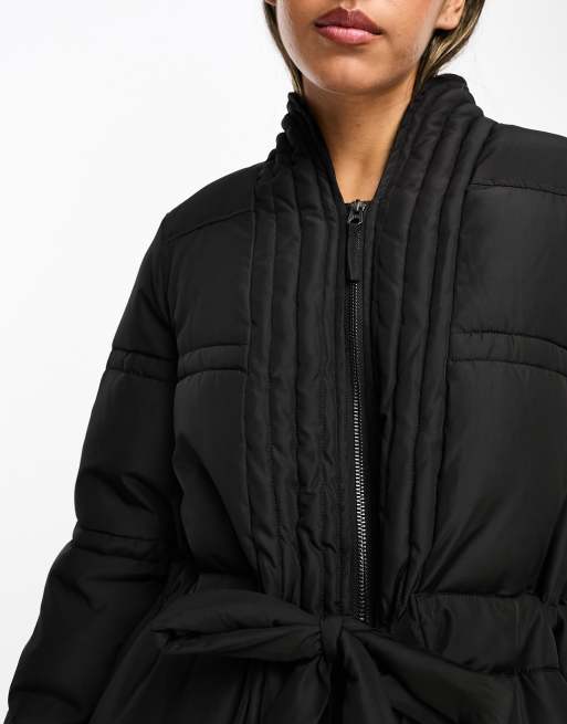 French Connection tie waist long puffer coat in black