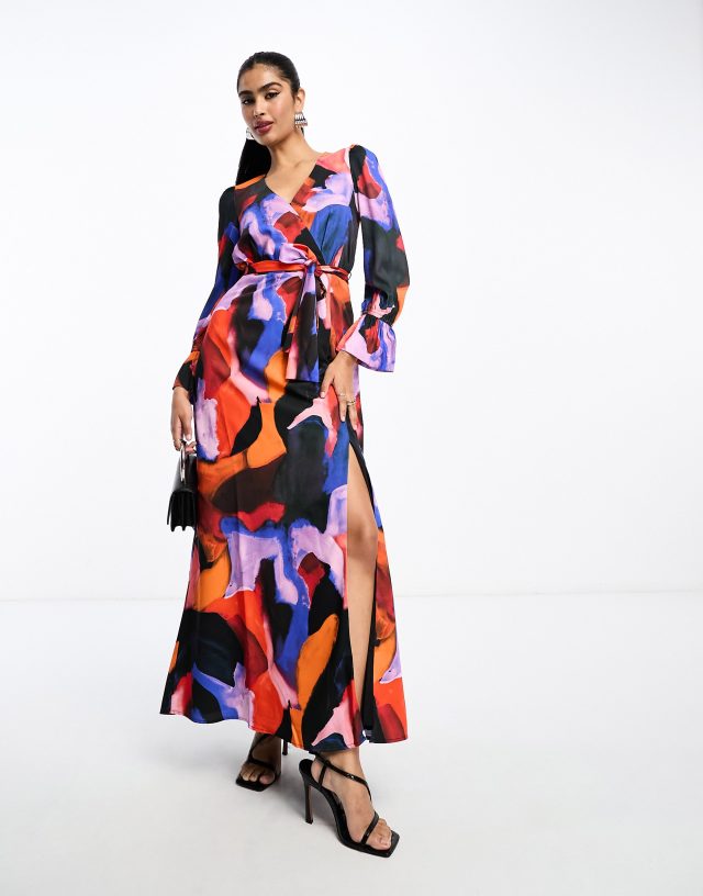 French Connection - tie waist maxi dress in dark paint splash