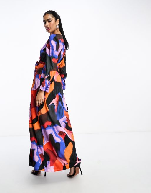 French Connection tie waist maxi dress in dark paint splash | ASOS