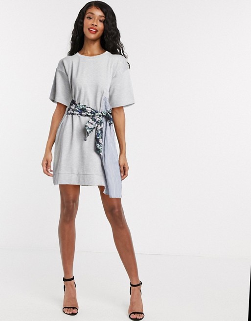 French Connection tie waist t-shirt dress in grey
