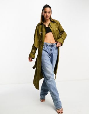 French Connection tie waist trench coat in ochre - ASOS Price Checker