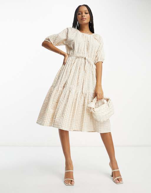 French Connection tiered midi smock dress in beige gingham | ASOS