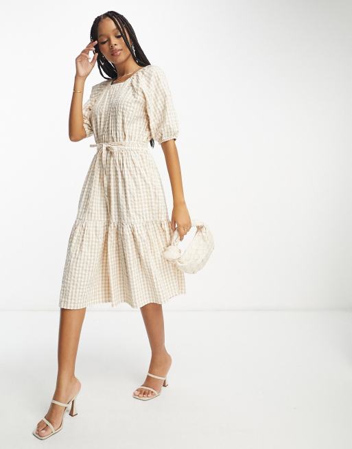 French Connection tiered midi smock dress in beige gingham ASOS