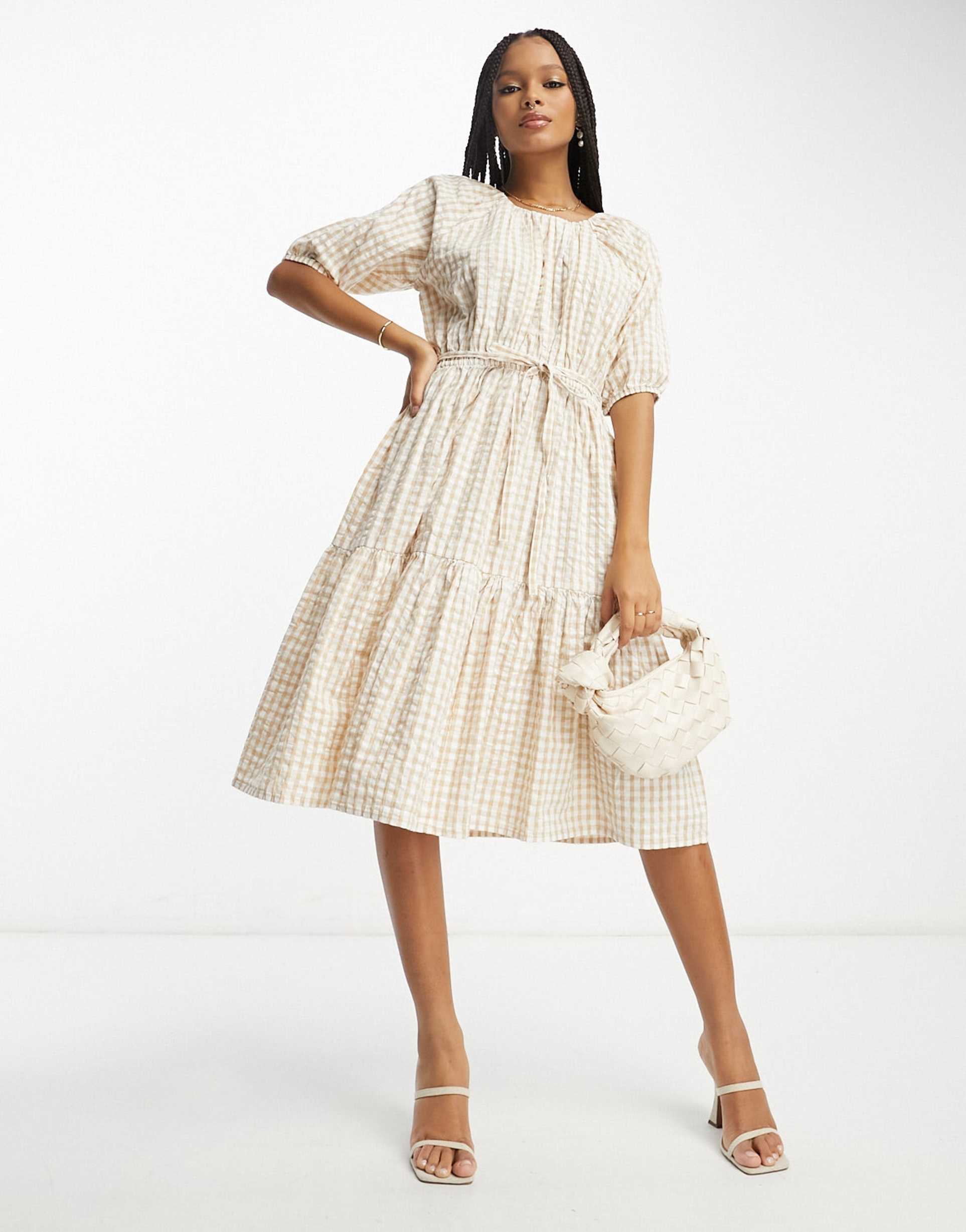 french connection tiered midi smock dress in beige gingham