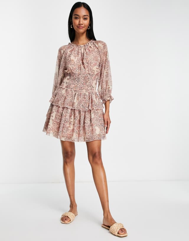 French Connection tiered mini dress in boho paisley print