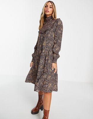 French Connection tiered mini dress in chocolate ditsy