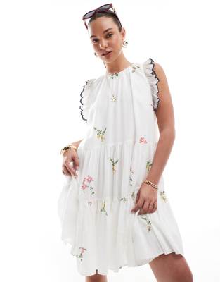 French Connection French Connection tiered mini dress with embroidery in white