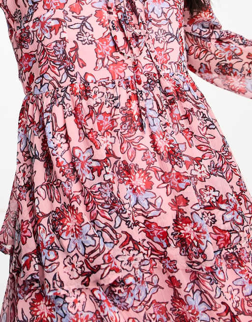 French Connection tiered mini dress with halterneck in pink floral ASOS