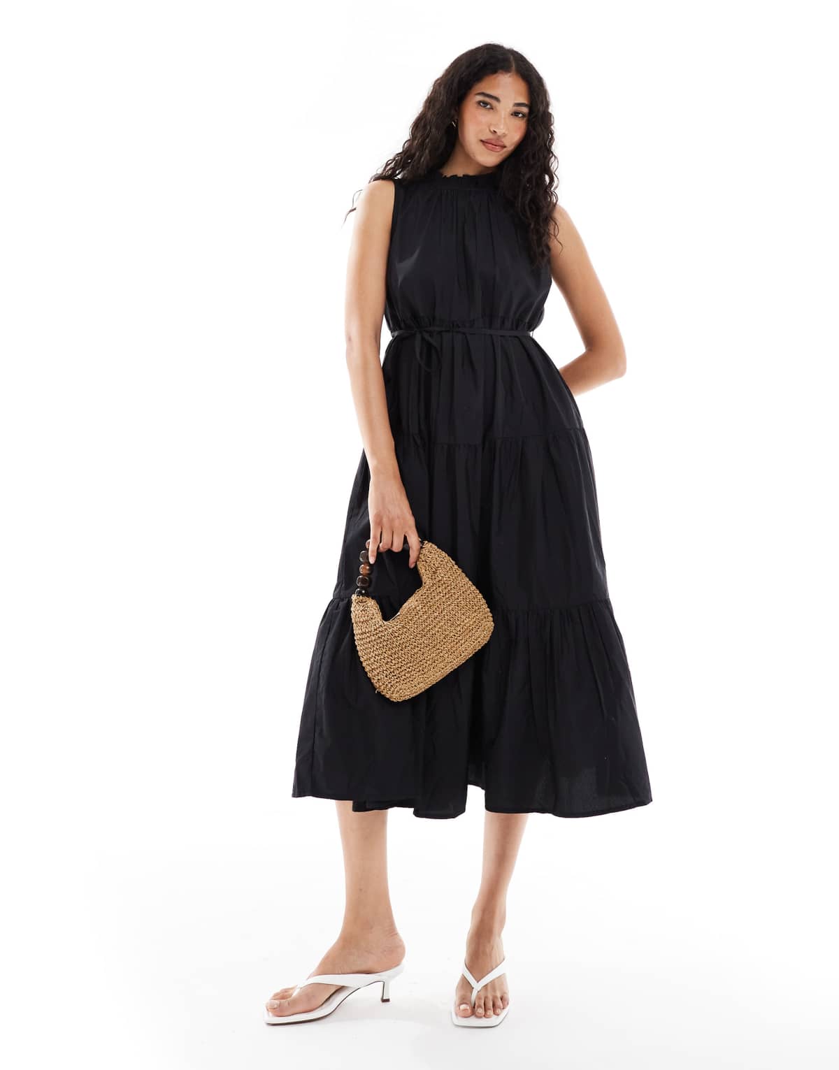 French Connection tiered ruffle midaxi dress in black