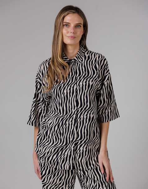 French Connection Tiger print oversized button-up 3/4 length sleeve shirt in black - view 1