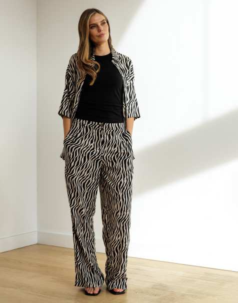 French Connection Tiger print wide leg relaxed fit trousers in black