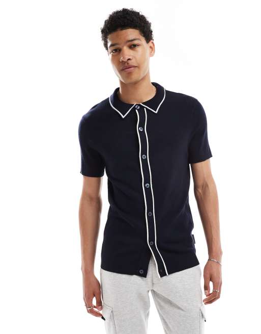 French Connection tipped knit button up polo shirt in navy and ecru