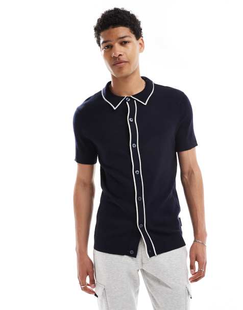 French Connection tipped knitted button through polo in navy and ecru - view 1