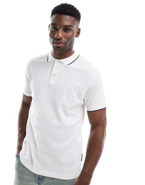 French Connection tipped popcorn polo shirt in white and navy