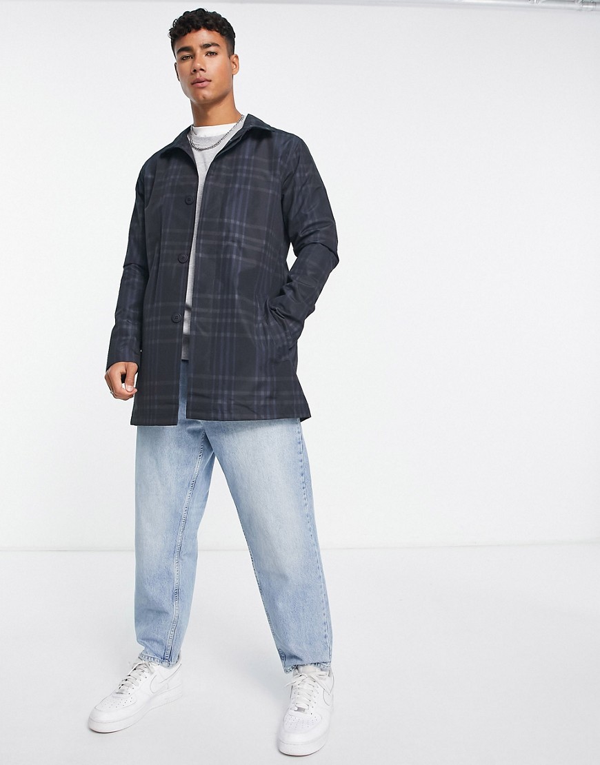 French Connection Trench Coat In Marine Plaid-navy