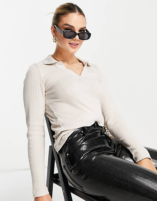  French Connection Trina ribbed open collar long sleeve top in cream 