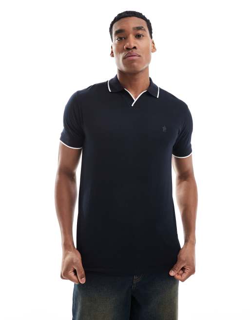 French Connection – Trophy – Poloshirt in Marineblau mit Ausschnitt mit Zierstreifen
