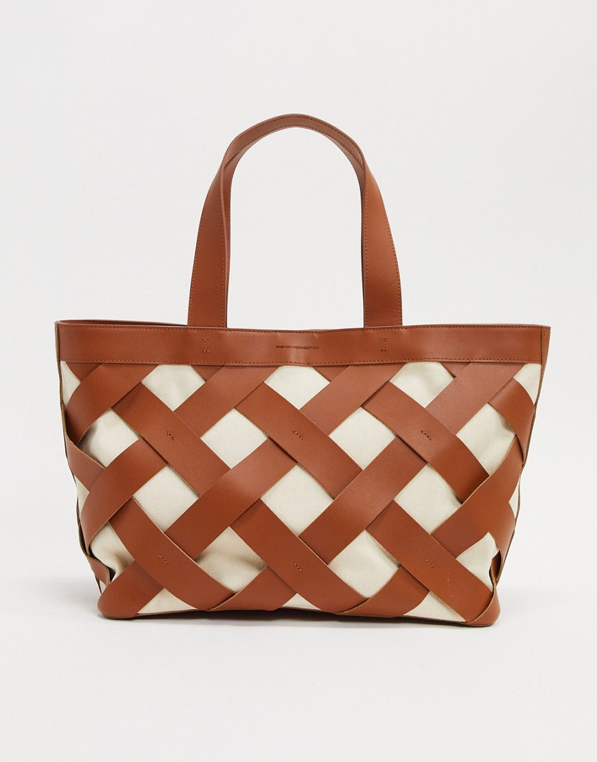 French Connection troy leather and canvas tote bag-Brown