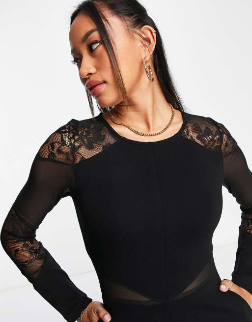 French Connection - Tuta jumpsuit fasciante nera con dettagli in rete e cut-out, 3 di 4