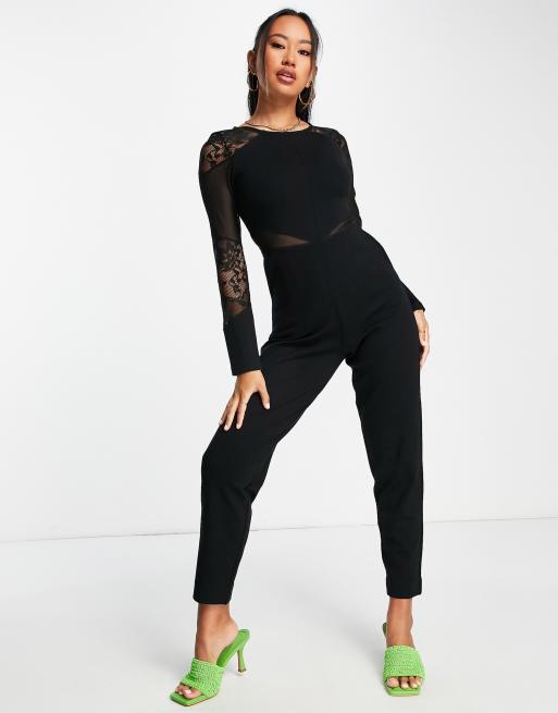 French Connection - Tuta jumpsuit fasciante nera con dettagli in rete e cut-out, 4 di 4