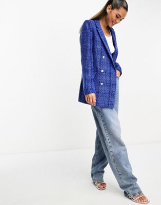 French Connection tweed blazer in blue check - ASOS Price Checker