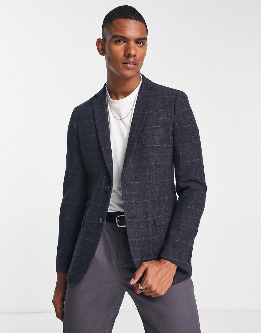 French Connection Tweed Check Blazer In Navy-blue