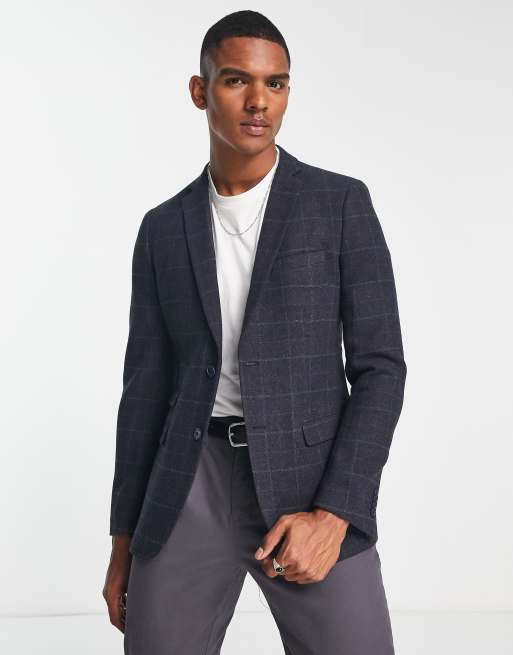 French Connection tweed check blazer in navy | ASOS