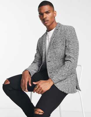 French Connection tweed herringbone blazer in black