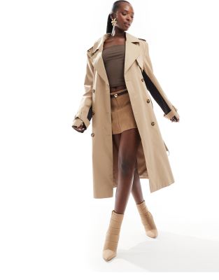 French Connection French Connection twill trench coat with contrast stripe back in camel-Neutral