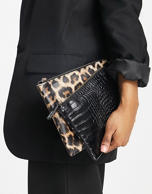 French Connection two pouch bag in black animal print