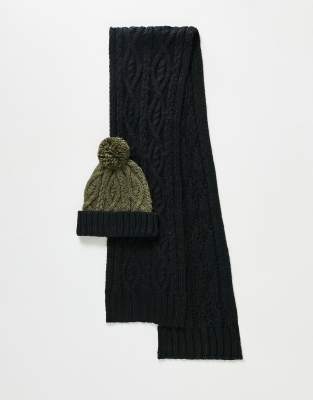 Shop French Connection Two-tone Cable Knit Hat And Scarf Set In Navy And Green