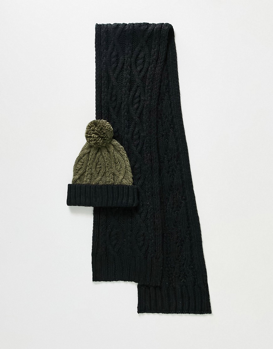 two-tone cable knit hat and scarf set in navy and green