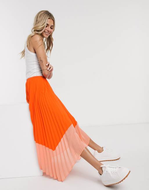 French Connection two tone pleated midi skirt in neon orange