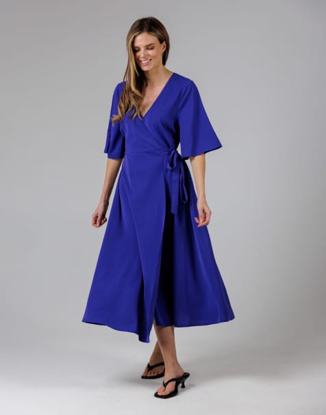French Connection V- neck bell sleeve wrap tie crepe midi dress in blue