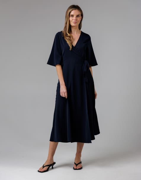 French Connection V- neck bell sleeve wrap tie crepe midi dress in navy