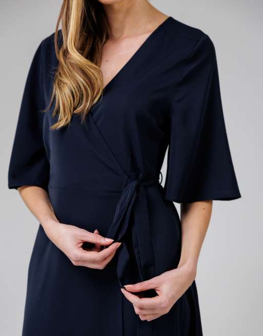 French Connection V- neck bell sleeve wrap tie crepe midi dress in navy, 4 of 4