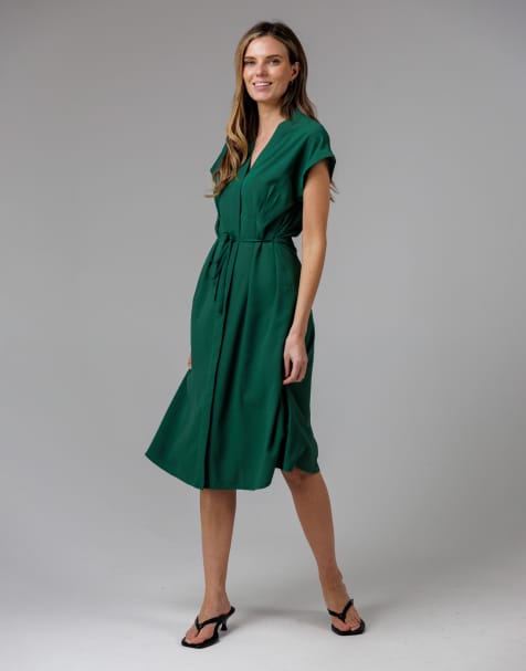French Connection V-neck cap sleeve crepe midi dress in green - view 1