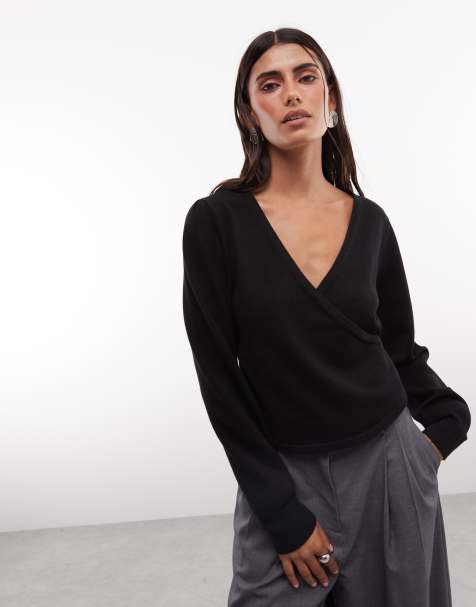 French Connection v neck crossover jumper in black - view 1