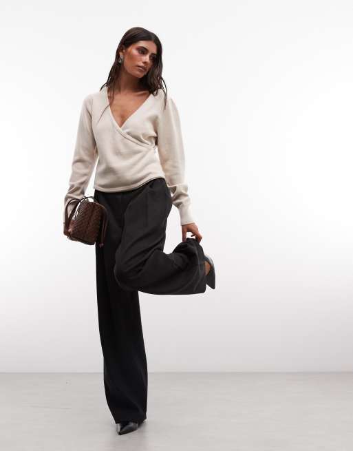 French Connection v neck crossover jumper in oatmeal, 2 of 4