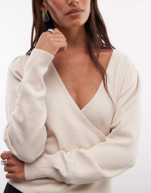 French Connection v neck crossover jumper in oatmeal, 3 of 4