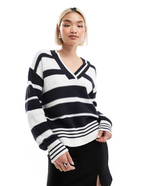 French Connection v-neck striped varsity sweater in white and navy