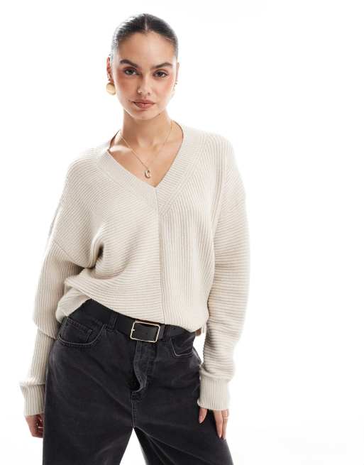 French Connection v neck sweater with stitch detail in oatmeal 