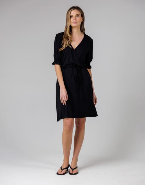 French Connection V-neck wrap midi dress in black