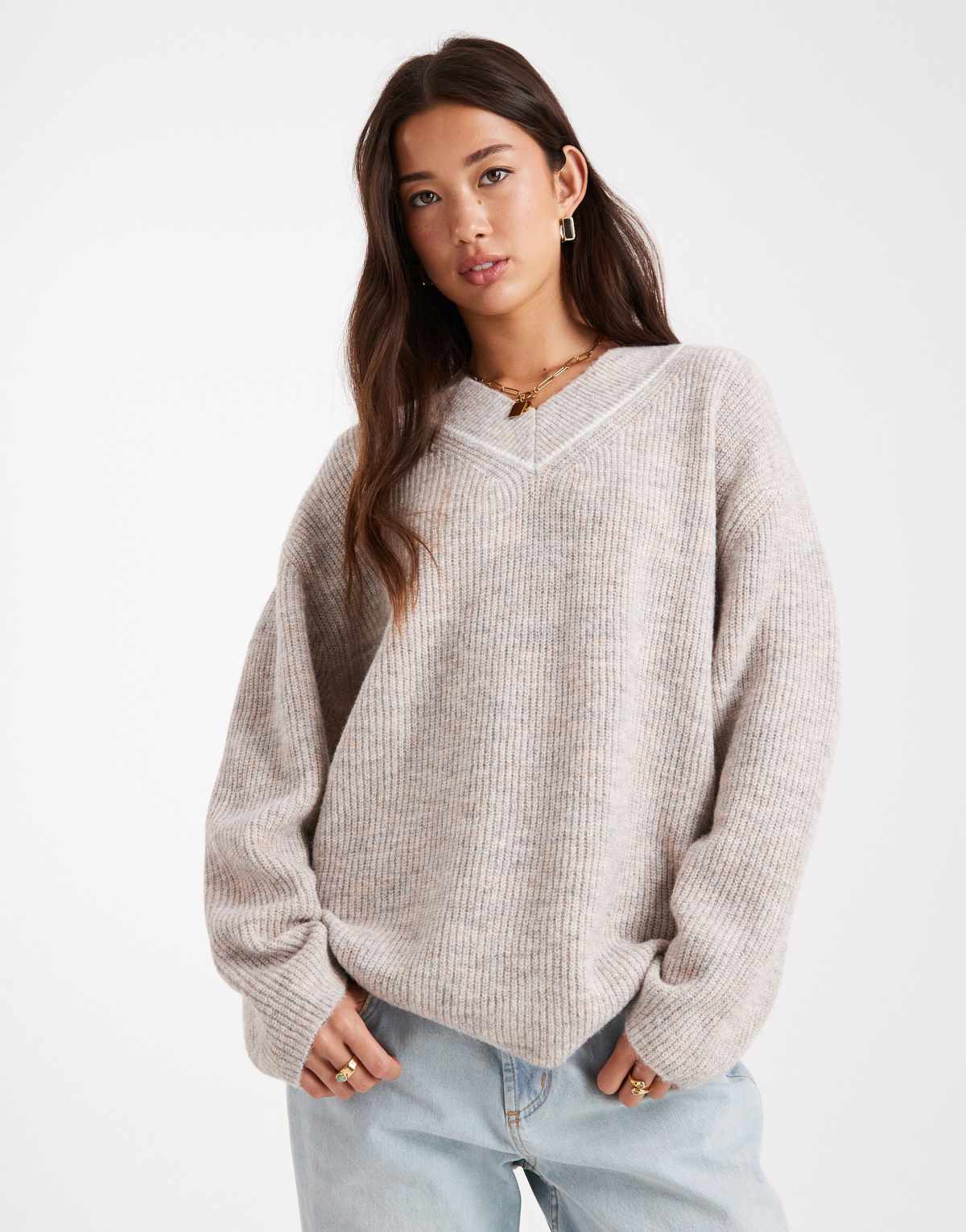 French Connection varsity v-neck slouchy jumper in stone grey