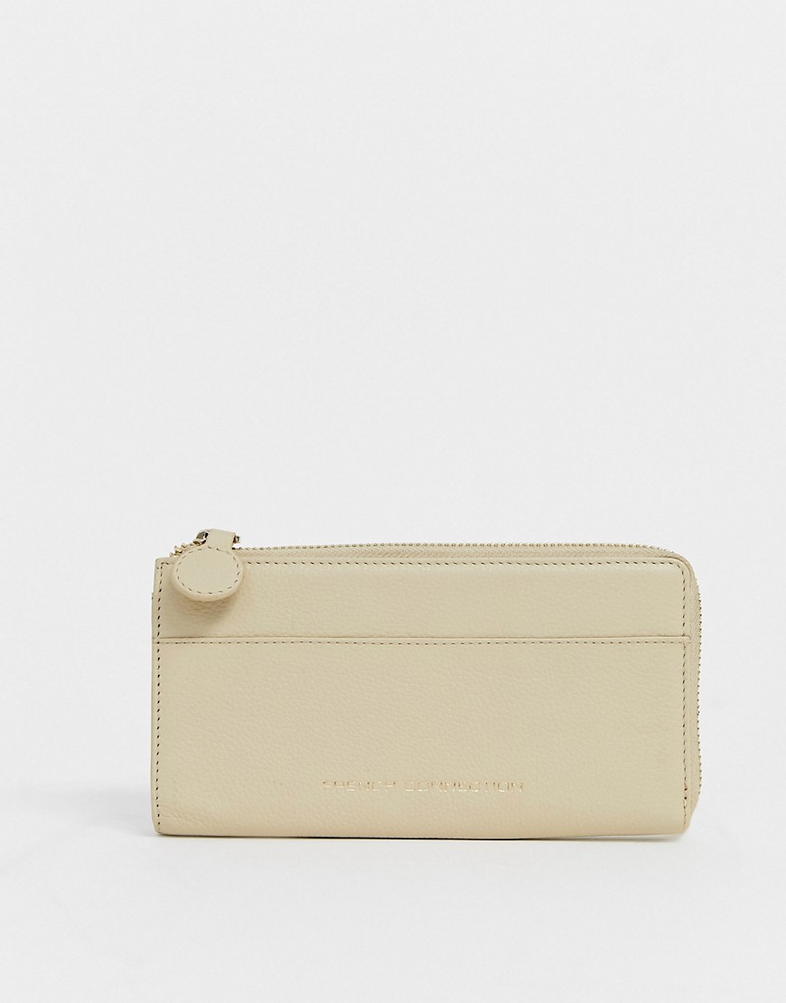 French Connection Vegas Leather Zip Card Purse In Sand-beige