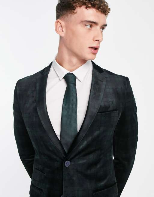 French Connection tartan velvet blazer in green