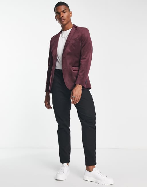 Burgundy Regular Fit Velvet Jacket with Wide Shawl Lapel and Cuffs