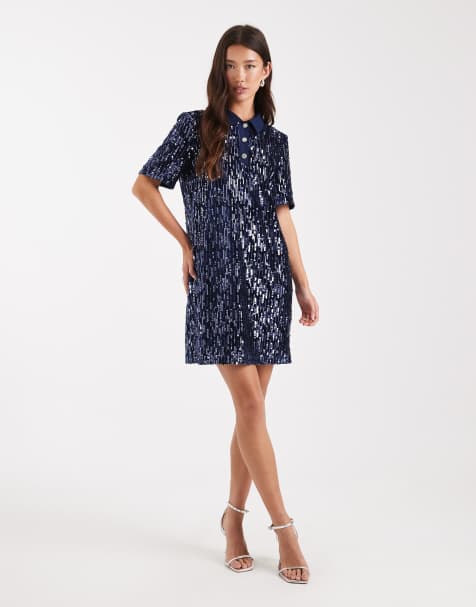 French Connection velvet sequin mini polo dress in navy - view 1